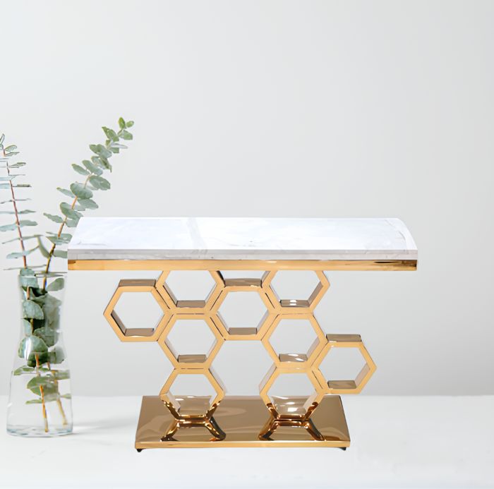 Honey Comb Console-White Marble Top — rental event furniture Lahore