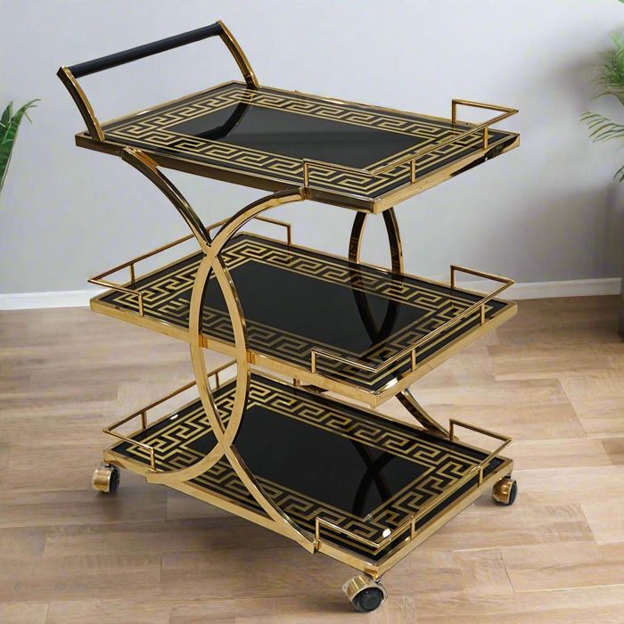 ARC 3 TIER TEA TROLLY SHELVES WITH DESIGNED BLACK GLASS — rental event furniture Lahore
