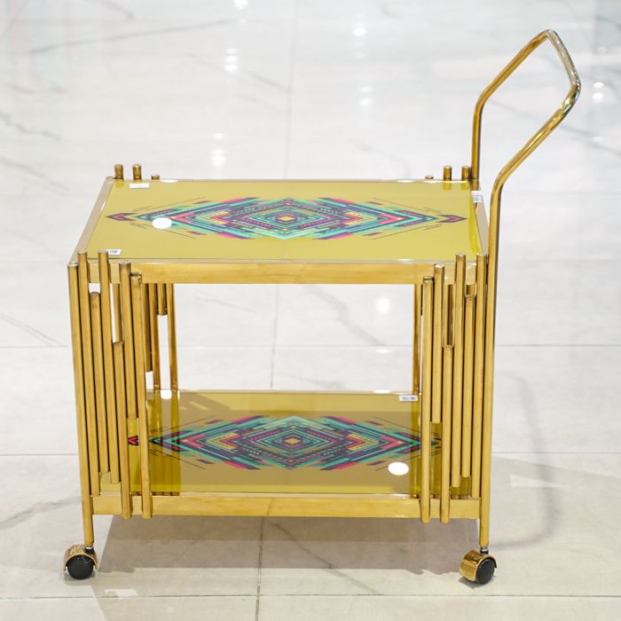 Modern nordic trolley with hd printed glass shelf — rental event furniture Lahore